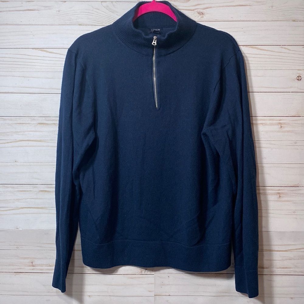 J Crew Blue Merino Wool Blend Quarter Zip Pullover Mock Neck Sweater